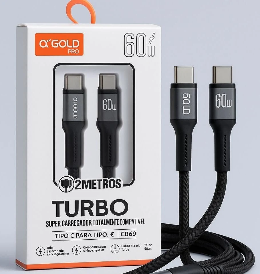 Cabo Carregador USB-C e Tipo-C/Lightning Turbo 60W 2 Metros