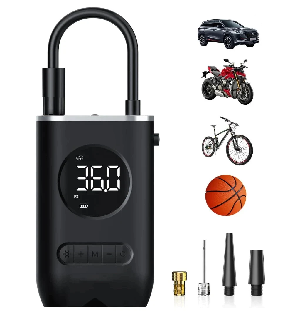 Compressor de Ar Portátil Digital Mini com Lanterna LED Recarregável USB-C Para Pneus De Bicicleta Moto Carro Bolas