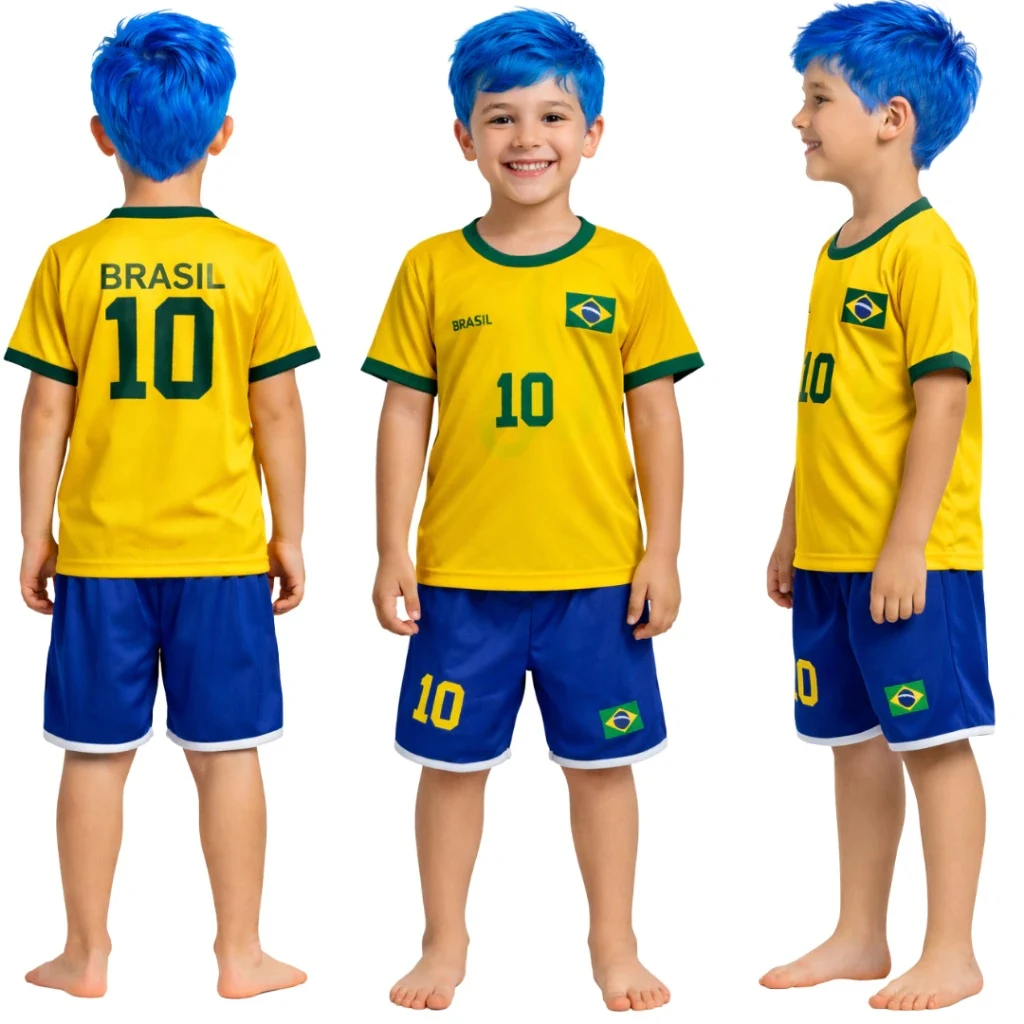 Conjunto do Brasil Infantil Camiseta Amarela e Shorts Azul Unissex Com Tema Copa do Mundo