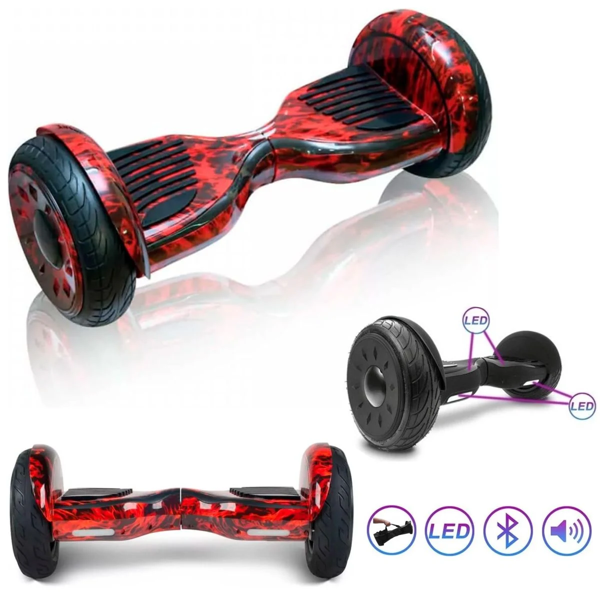 Hoverboard Skate Elétrico Original 10 Polegadas Vermelho Fogo Com Led Bluetooth e Bolsa